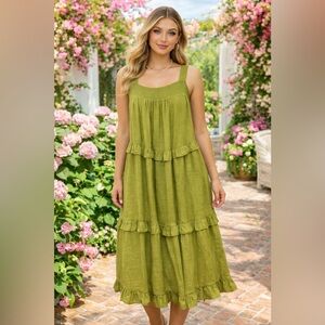 Emelia Olive Green Tiered Ruffle Midi Dress Lined Size S